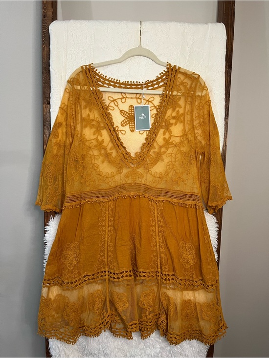 Eomenie Other - NWT Eomenie Boho Yellow Lace Swimsuit Beach Cover Up Mini Dress